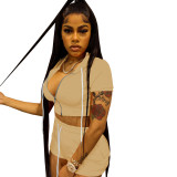 Solid Khaki Zipper Cardigan Hooded Cropped Two-Piece Short Summer Set