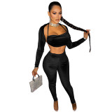 Black Sexy Solid Korean Velvet Patchwork Halter Long Sleeve Three Pieces
