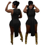 Casual Black Pit Thread Split Hollow Clubwear Sleeveless Irregular Hooded Top Shorts Two Piece