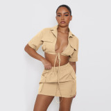 Solid Color Clothes Short Sleeve Crop Skirt Set Tooling Style