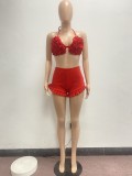 Red Sexy Halter Backless Bra Ruffled Shorts Summer Set