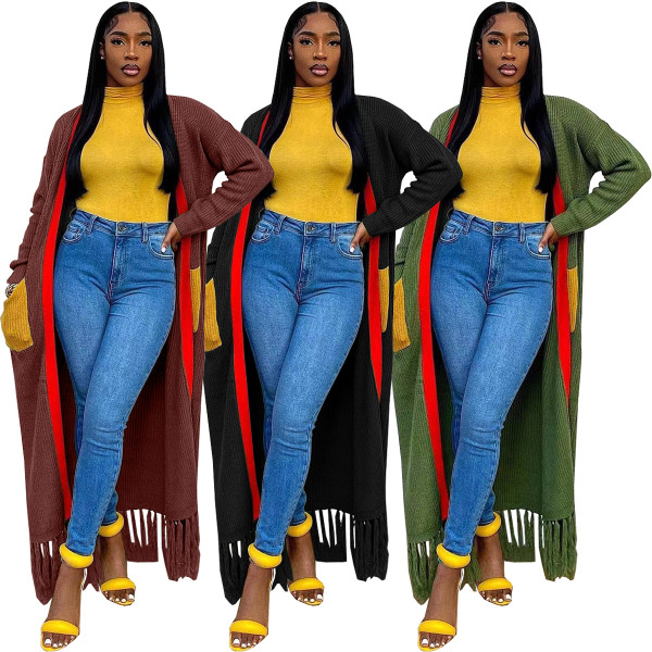 Loose Knit Cardigan Fringed Long Sweater Outwear