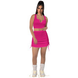 High Elastic Cotton Pit V Neck Low-cut Drawstring Skirt Set