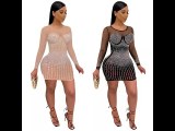 Khaki Long Sleeves Mesh Bodycon Dress with Rhinestones