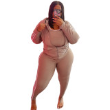 Solid Khaki Plus Size Zipper Hoodie Sweatpant Set