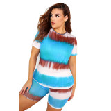 Casual Tie Dye Round Neck Sports Shorts Set