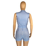 Sexy Single-breasted Plaid Sleeveless Two Piece Shorts Set