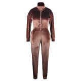 Solid Color Coffee Zipper Gold Velvet Long Sleeve Loungewear Women Sets with Pockets