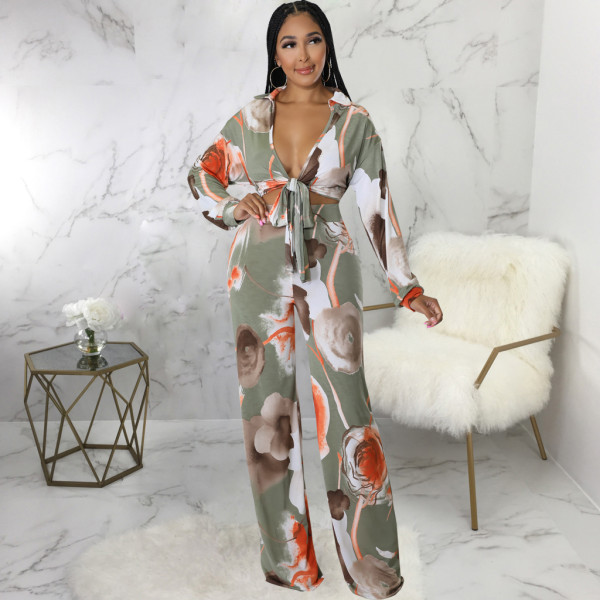 Casual Fashion Digital Printed Tie-up Crop Top Set Two Piece Set