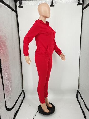 Red Women's 2 Piece Solid Sweatsuit Long Sleeve Hoodies Sweatpants Sets Tracksuit