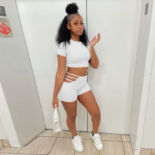 Summer Hollow Out Women 2 Two Pieces Set Fashion Short Sleeve Crop Tops Shorts Sets