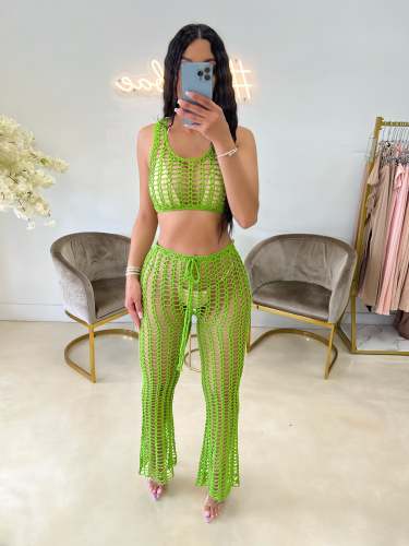 Summer Green Beachwear Hollow Knitted Hollow Crop Top Casual Sleeveless Pant Set