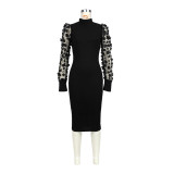 Mesh Sleeve Pit Mock Neck Midi Dress
