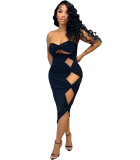 Black Solid Color Hollow Strapless Mid Dress
