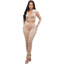 Solid Khaki Wrinkles Hooded Zipper Crop Top Stacked Pants 2 Piece Sets