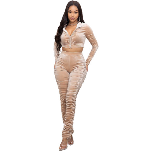 Solid Khaki Wrinkles Hooded Zipper Crop Top Stacked Pants 2 Piece Sets