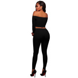 Women Fashion Thread Off Shoulder Crop Top 2 Piece Set Casual Bodycon Casual Outfit Sportswear