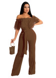 Women Slim Ruffle Off Shoulder Short Sleeve Solid Long Pants Jumpsuit with Belt