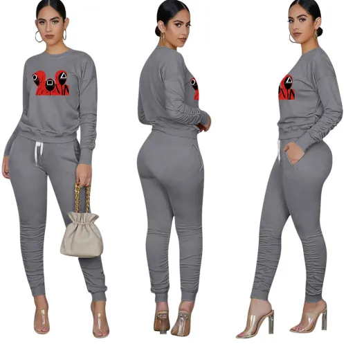 Trend New Dark Grey Squid Game Mask Man Printed Sports Two Piece Ruched Pants Set