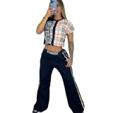 2022 Summer Hot Drill Printed Plaid Blouse Two Piece Set