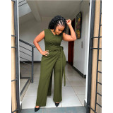 Casual Solid Patchwork O Neck Regular Jumpsuits with Single Shoulder Outwear