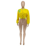 Casual Yellow Cropped Letter Print Varsity Baseball Jacket