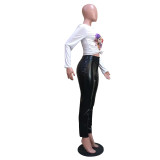 Elastic Imitation Leather Long Pants
