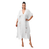 Solid Color Manual Knitted Sheer Fringed Dress