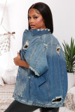 Women's Casual Hole Coat Long Sleeve Pocket Button Denim Jacket Coat Outcoat