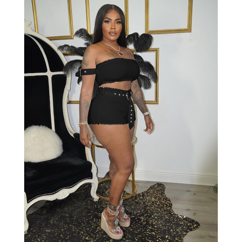 Sexy Solid Pit Clubwear Split Joint Off the Shoulder Short Sleeve Two Piece Shorts Set