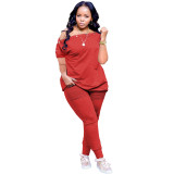 2022 Summer Loose Red Slanted shoulder Breasted Shirring Two Pieces Sets