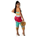 Fashion Pattern Printed Wrap Chest Trousers Suit