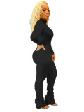 Solid Color Black Ribbed High Neck Stacked Lounge Wear Sets Women