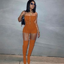 Casual Coffee Cutout Strapless Clubwear Solid Sexy Bandage Bodysuit