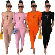 Casual 2 Piece Set Women Spring Letter Printting Sportswear Short Sleeve Sweatshirt Long Pants Two Piece Outfits for Women