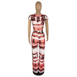 Casual Printed Tie-dye Bandage Two Piece Set with Wide-leg