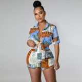 Fashion Casual Paisley Bandage Shirt Two Piece Summer Set