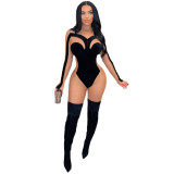 Gold Velvet Mesh Stitching Jumpsuit & Romper