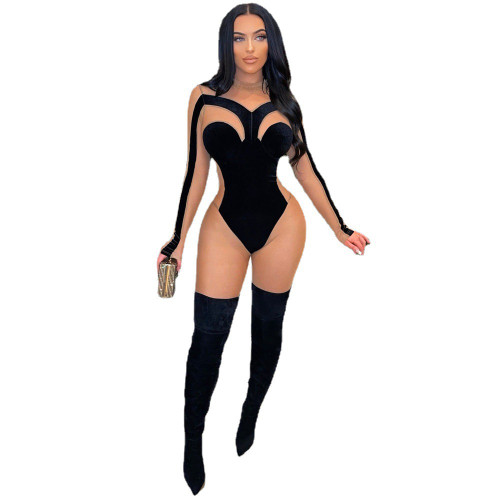 Gold Velvet Mesh Stitching Jumpsuit & Romper
