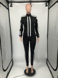 Black Fashion Solid Black Lapel Two Piece Outfits with Zip Up