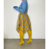 Summer Printed Preppy Style High Waist Plaid Belted Midi Asymmetrical Skirts