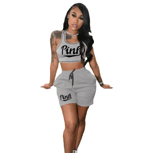 Summer Sleeveless Printed Letter Vest Crop Top And Biker Shorts Sets with Pockets