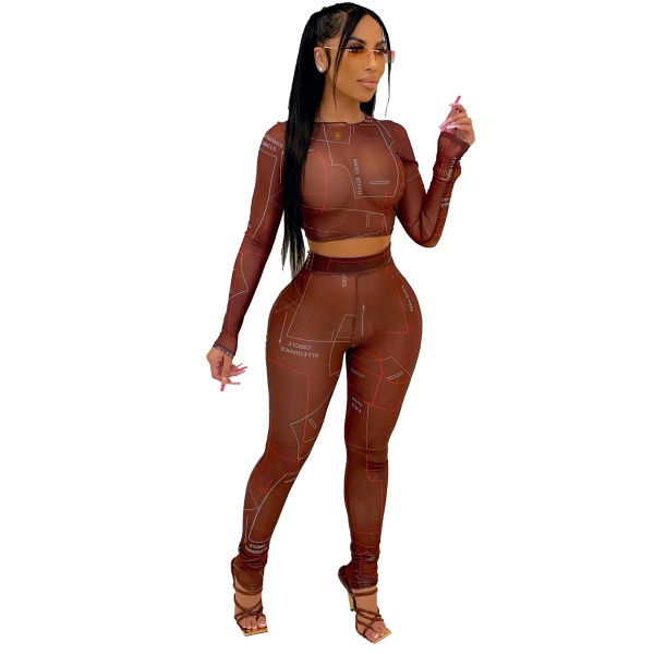Sexy Coffee Letter Printed Mesh Pullover Crop Top Two Piece Casual Set