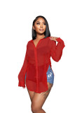 Solid Color Sexy See Through Single-breasted Lapel Slits Chiffon Shirt