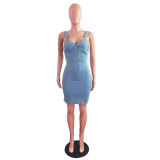 Sleeveless Slit Adjustable Straps Denim Dress