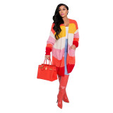 Women Stitching Knitted Overcoat Warm Long Sleeve Open Front Winter Oversized Cardigan