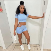 Summer Hollow Out Women 2 Two Pieces Set Fashion Short Sleeve Crop Tops Shorts Sets