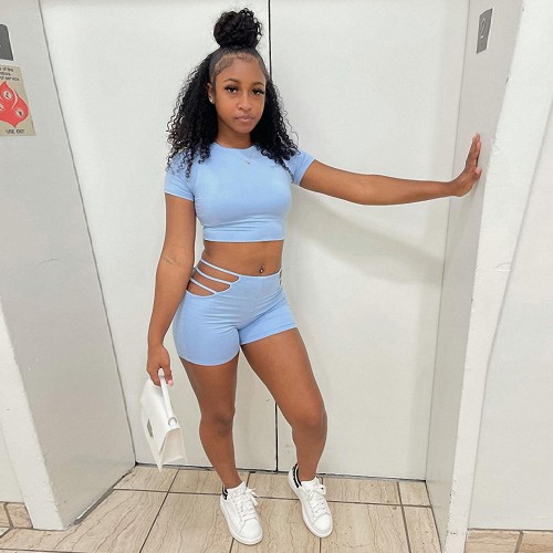 Summer Hollow Out Women 2 Two Pieces Set Fashion Short Sleeve Crop Tops Shorts Sets