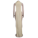 Apricot Sexy Solid Split Turtleneck Nightclub Sweater Sexy Long Sleeveless Dress (Without Waist Chain)