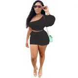 Solid Color Singe Shoulder Two Piece Short Set with Pockets